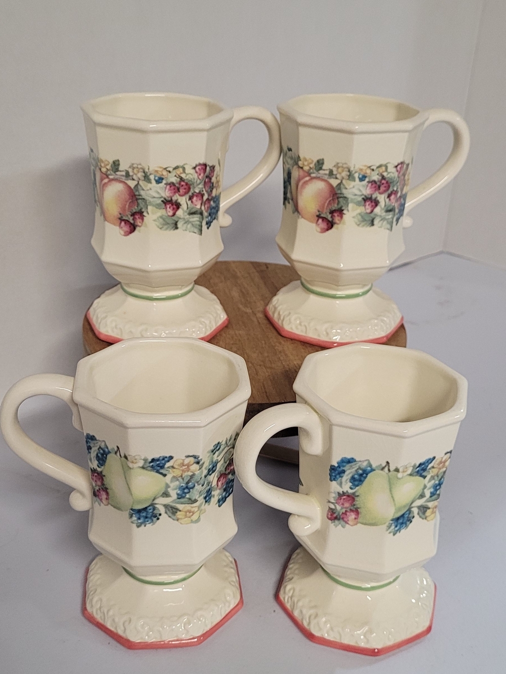 Vintage Avon Cream Fruit-Print Pedestal Mugs - Set of 4